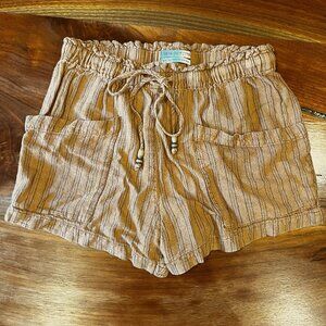 Urban Outfitters, cotton baggy tie-string shorts, size M, tan with stripes